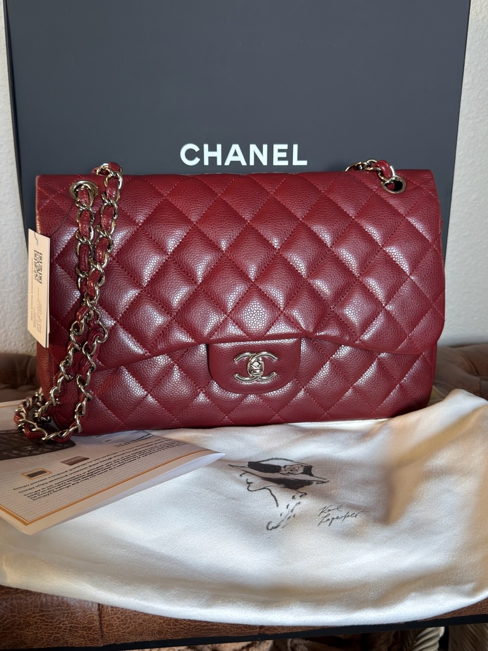 CHANEL Jumbo Classic Double Flap Bordeaux Caviar SHW 15 Series Box Dust Bag COA